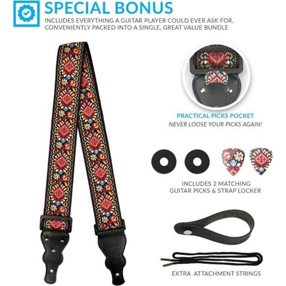 Guitar Strap Red Embroidered Adjustable with Strap Locks Picks Pick Pocket - Picture 6 of 7